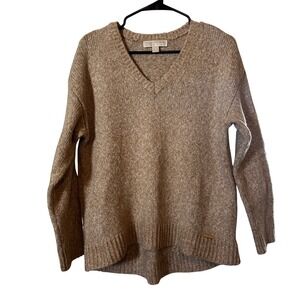 Michael Michael Kors Women's Sweater Medium V-Neck Hi Low Tan Acrylic Wool Blend